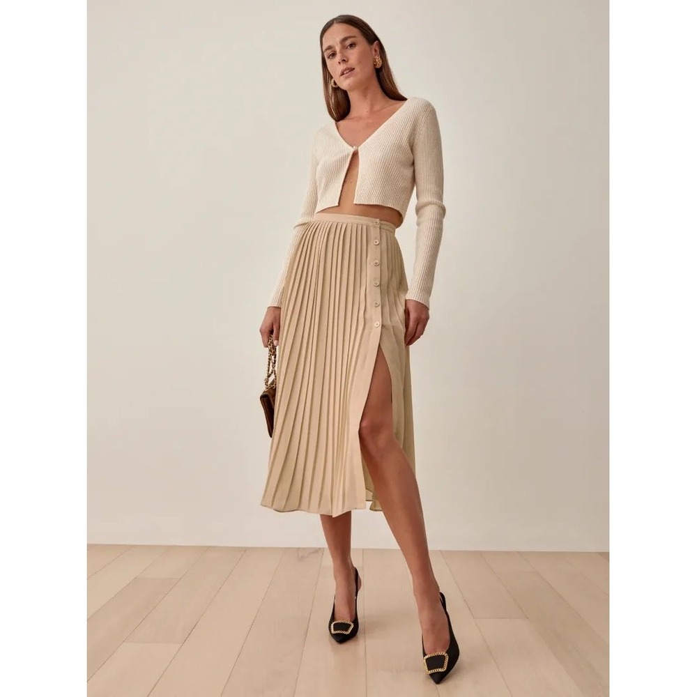 Reformation Pleated Midi Skirt Womens Large Beige Tan Button Front